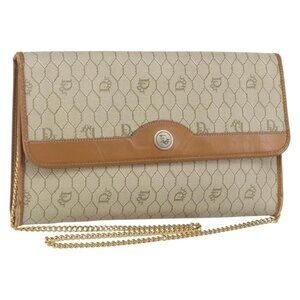 Authentic Christian Dior Honeycomb Canvas Chain Shoulder Bag PVC Beige Gold